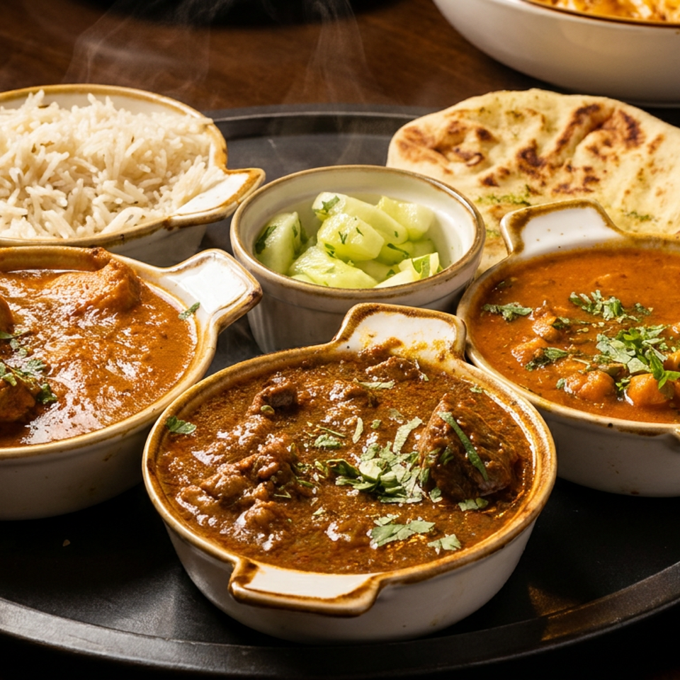 A black tray holds steaming bowls of Indian curries, rice, naan bread, and a cucumber salad.