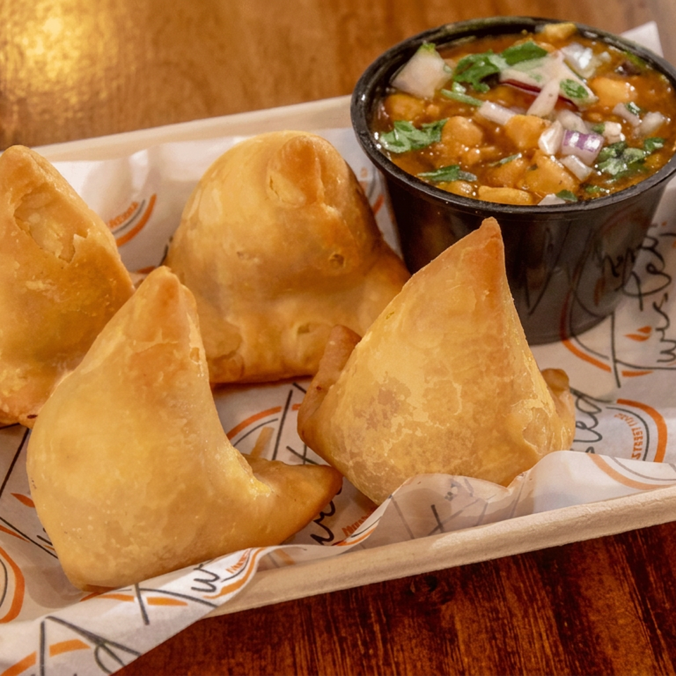 Four golden-brown samosas and a cup of chana masala with onions and cilantro on a tray.