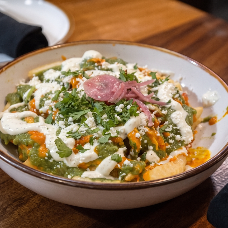Loaded nachos topped with orange and green sauces, crema, cotija cheese, cilantro, and pickled onions on a wooden restaurant table.