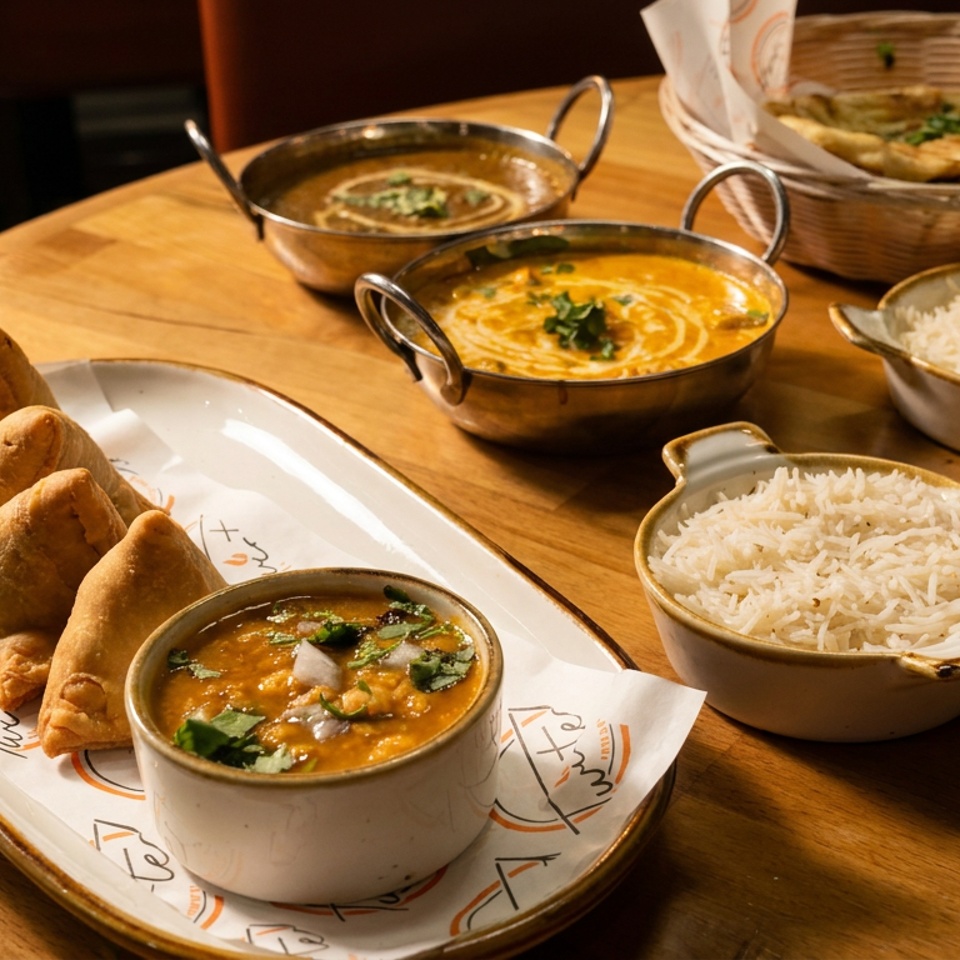 Indian feast with samosas, curries, rice, and naan bread on a wooden table.