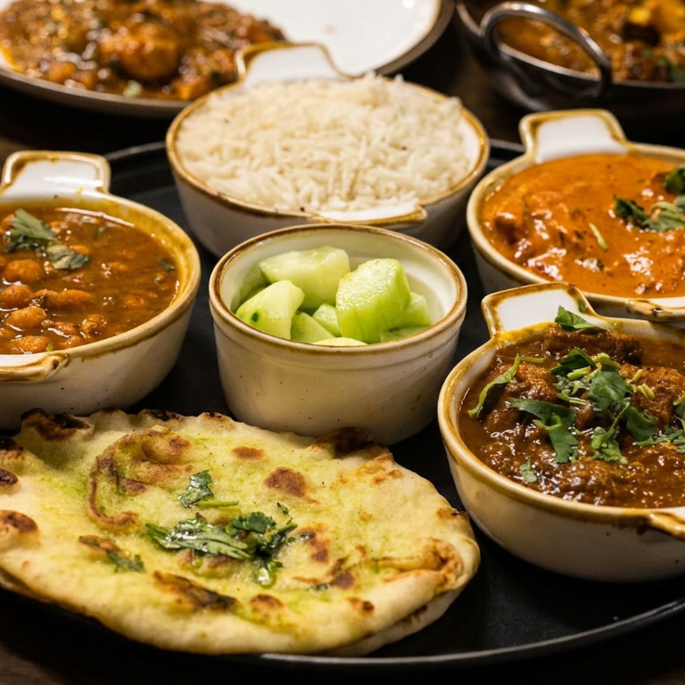 A black platter with various Indian dishes: curries, rice, naan bread, and cucumber salad.
