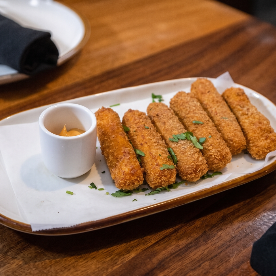 Breaded fried sticks garnished with herbs and served with dipping sauce on a white platter at a wooden restaurant table.