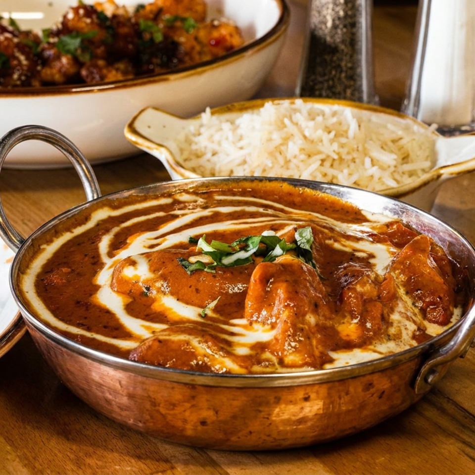 Indian butter chicken in a copper bowl, with rice and another dish in the background.